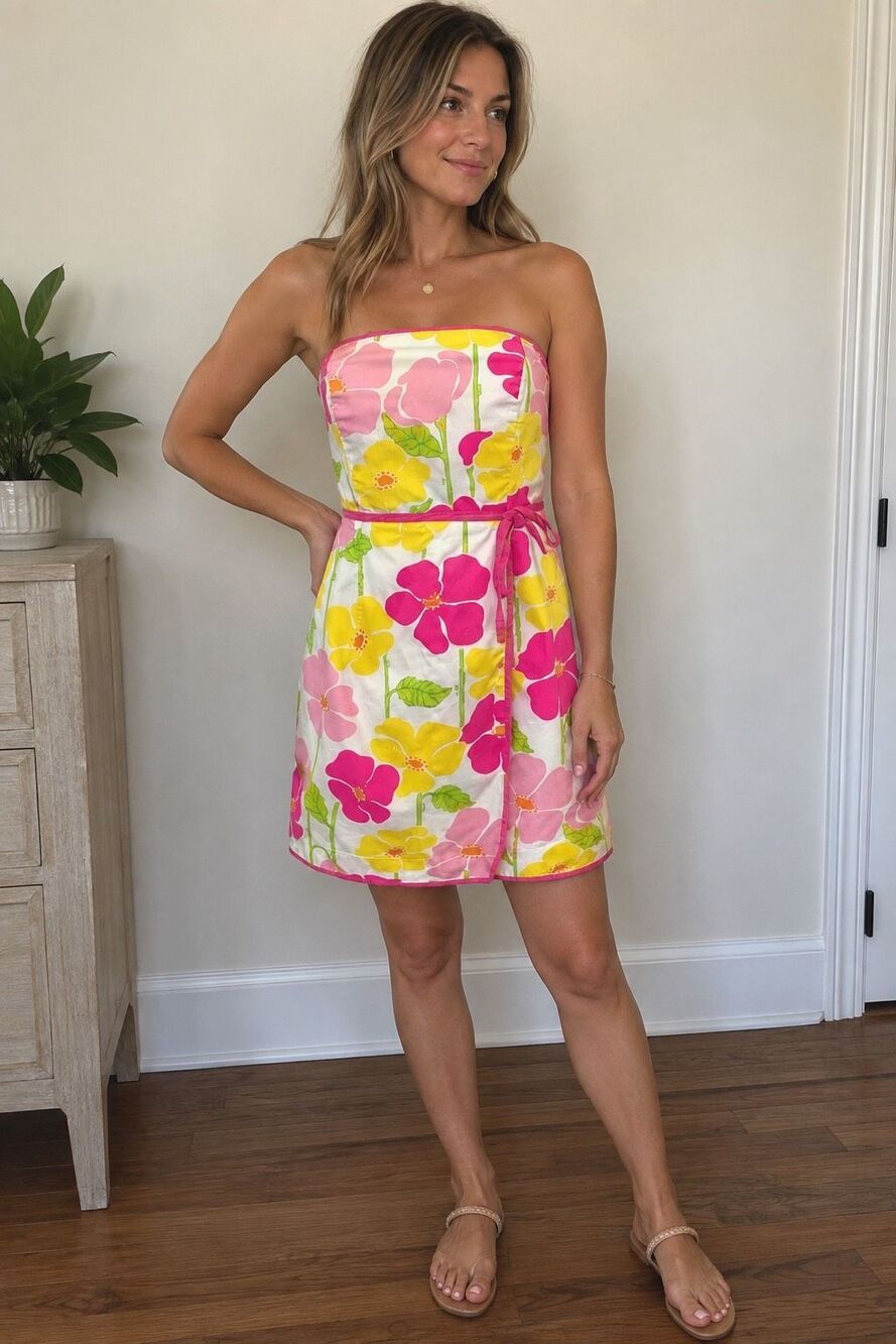 Lilly Pulitzer Vintage Floral Strapless Faux Wrap Mini Dress Pink Yellow 4